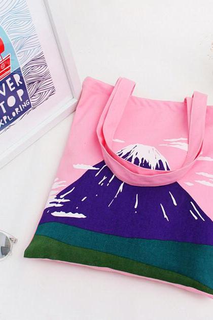 2016 Harajuku retro Japanese Fuji pink printing canvas shoulder bag hand handbag literary Fan bags for female