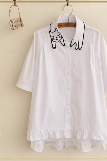 2016 summer Cat Embroidered Short Sleeve t-Shirt for women