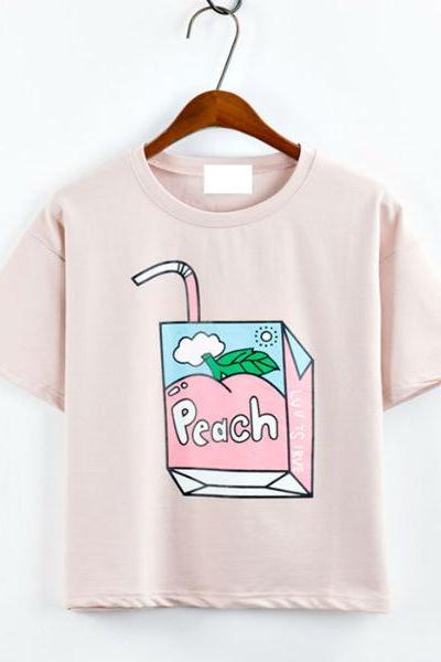 Harajuku Style Peach Printed Short-sleeved Loose T-shirt For 2016 Summer