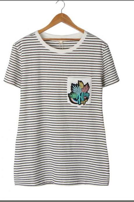 2016 European style striped pocket cactus embroidered women's short-sleeved T-shirt