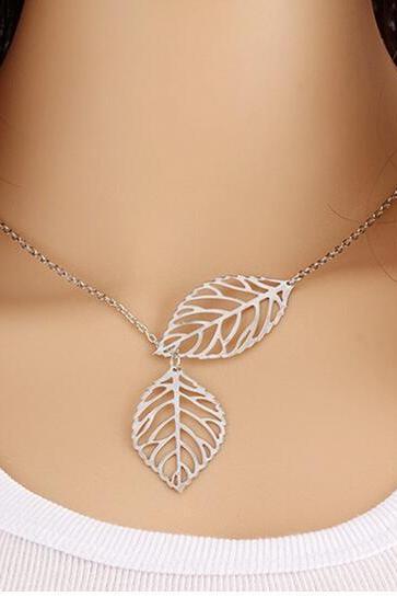 Woman Gold Sliver Two Leaf Pendants multi layer necklace