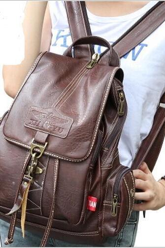 Vintage Brown Button Preppy Backpack School Bag Packsack