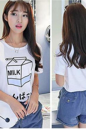 Women harajuku Milk Box Pattern White Short-sleeved Polyester Fibre Loose T-shirt