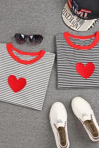 Women Embroidery Red Heart Tees Stripe Short Sleeve O-Neck Summer T Shirt Tops Tee