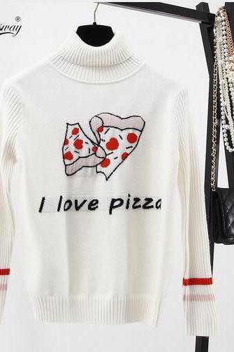 Women Harajuku style I love pizza letter embroidery angora cashmere knit pullover Sweater