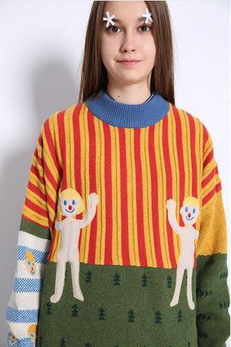 Harajuku Cartoon embroidered Stripes mixed colors Knit Pullover sweater