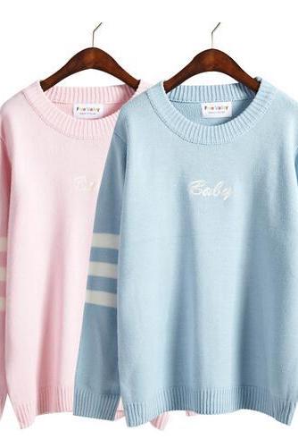 Women Winter Harajuku letter embroidery striped long-sleeved Sweaters