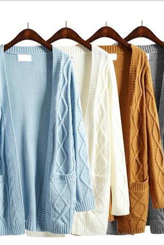 Women Harajuku winter long section long sleeved thick knit sweater cardigan coat