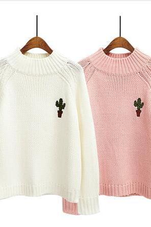 Knitted Turtleneck Pullover / Sweater with Cactus Embroidery - White / Pink