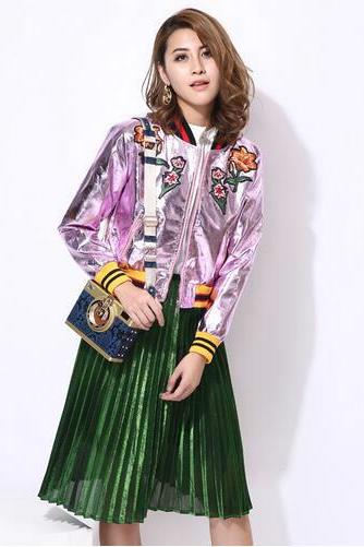 women metal color PU leather embroidered flowers baseball jacket #224