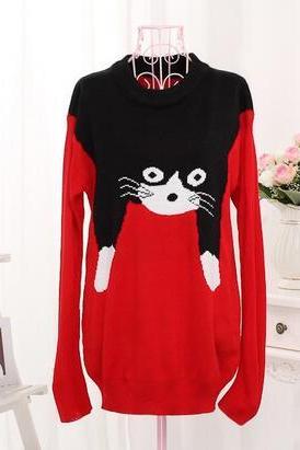 Women's Harajuku Cat Printed Loose Knitted Long Sleeve Pullovers sweater