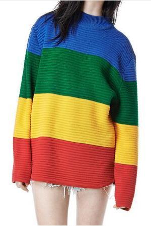Women Rainbow Color Block Knitted Loose Oversized Jumper Pullovers Sweater