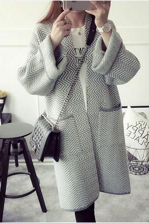 Harajuku Wave print Long Sleeve Loose Knitted Sweater Cardigans coat with pocket