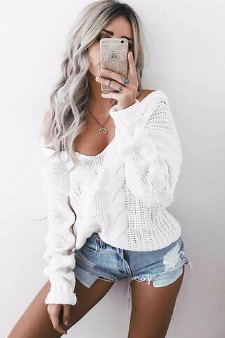 Sexy White Oversized Deep V Neck Long Sleeve Winter Knitted Women Autumn Sweater Pullover 