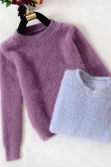 Fuzzy Knitted Long Sleeve Round Neck Sweater/ Pullover - White, pink, light blue, purple
