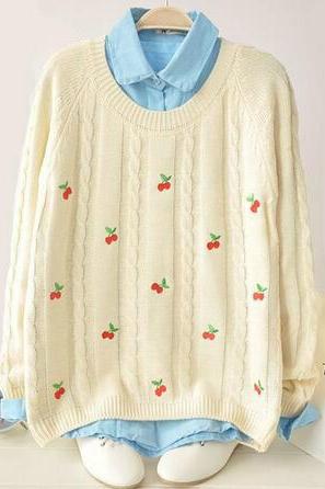 Cute O Neck Long Sleeved cherry Embroidery Knit Warm Women Winter Autumn Sweaters Pullovers 