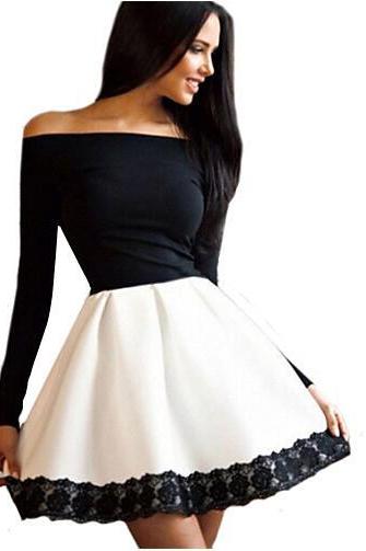 Off shoulder slim sexy lace Spliced Color Block Party Dress