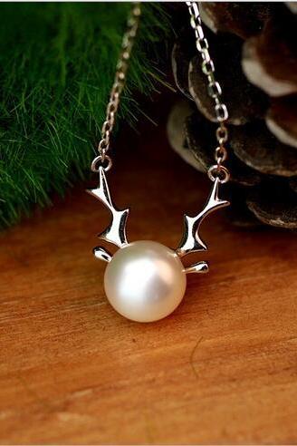 S925 pure silver reindeer antlers pearl necklace
