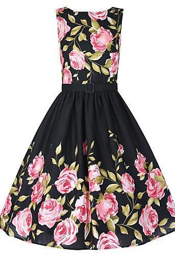  Vintage Skater Dress,Floral Round Neck Knee-length Sleeveless Black Cotton dress