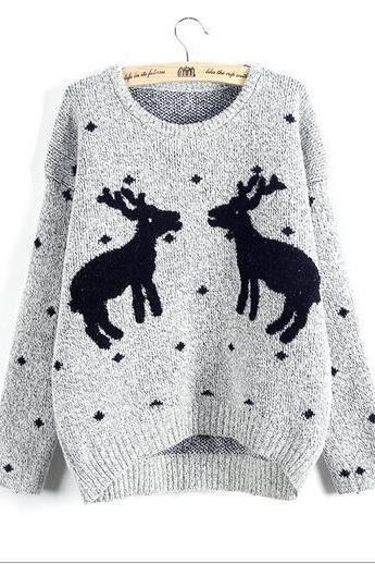Cute Chrismas Reindeer women sweater two fawn knit sweater coat