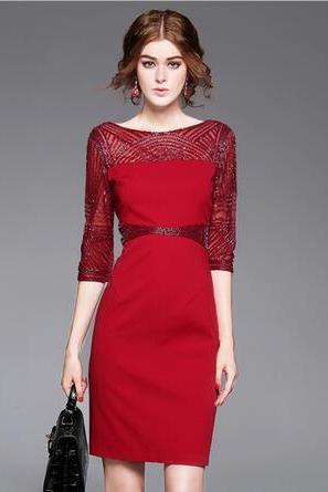 Sexy slim embroidery lace long sleeve bodycon dress 