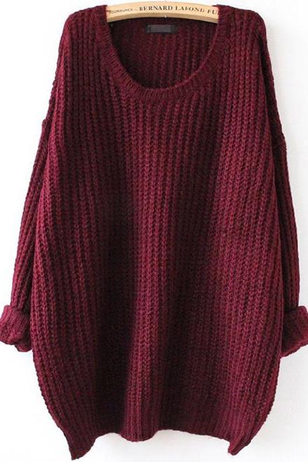 Red Batwing Long Sleeve Loose Knit Sweater