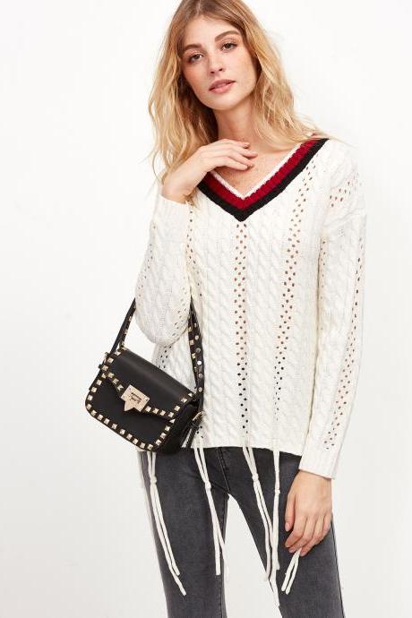Plunge V Open-Knit Sweater Featuring Stripes Neckline and Knotted String Hem