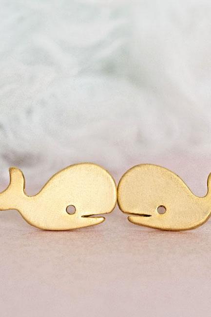 Gold Whale Stud Earrings, Fish Marine Animal earring, Whimsical Inspired earring