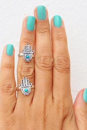 Retro Gemstone Cute Hamsa Fatima Buddha Hand 2 Pcs Women's Fashion Ring 