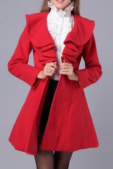 Long Sleeves Ruffles Lapel Beam Waist Long Women's Trench Coat