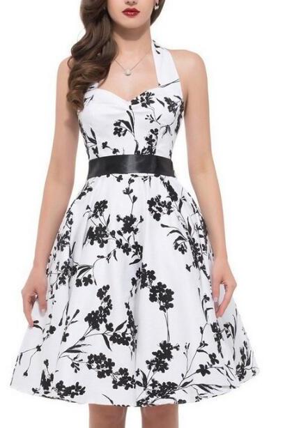 2016 Vintage Women's Black White Floral Print Halter Dress, Backless Fit and Flare Dress