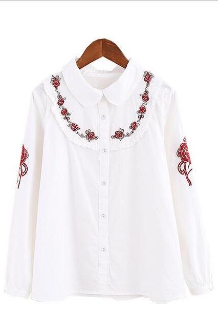 Flower embroidery long sleeve shirt blouse