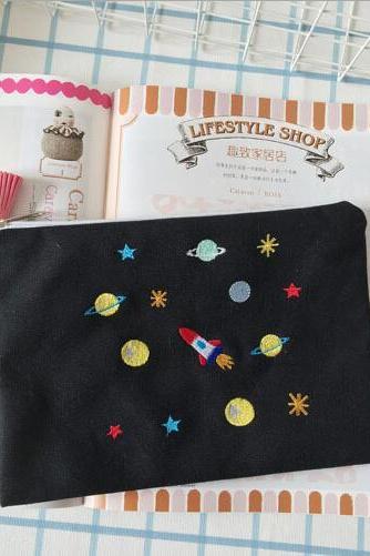 Free shipping Planets Galaxy Hand embroidery makeup storage bag #268