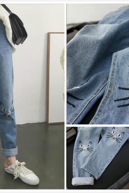Free shipping embroidery cat high waist jeans #401