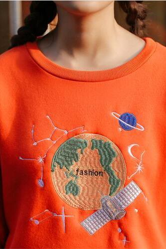 Orange Planet in Space Embroidered Pullover Sweater
