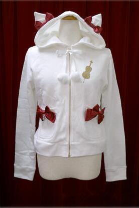 Free shipping HARAJUKU White Hoodies Sweet Bow Pockets Cute cat ear Hood Lolita jacket#307