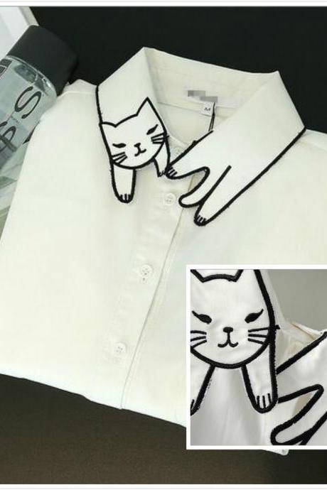 Free shipping Embroidery cat collar blouse shirt #355