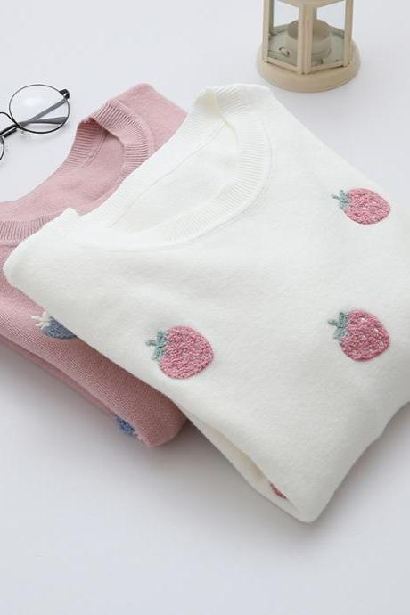 Cute Strawberry Embroidered Sweater