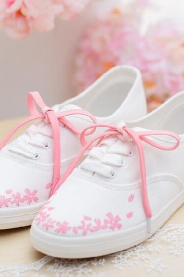 Sakura Hand-Painted Lace-Up White Sneakers 