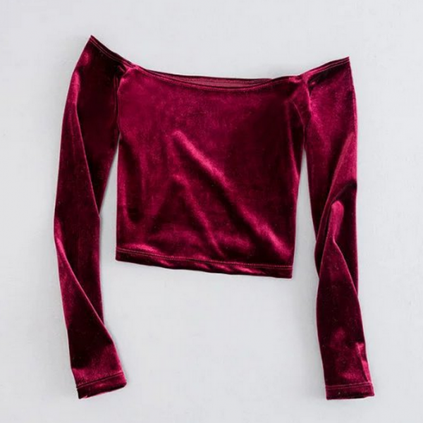 Shoulder Velvet Long Sleeve Crop Top 