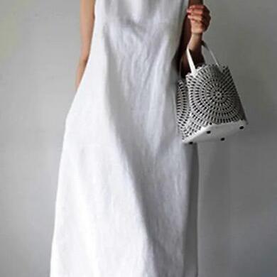 Women's Shift Dress Maxi long Dress White Sleeveless Solid Color Spring Summer Casual dress