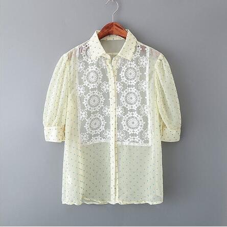 Floral Embroidery Panel Chiffon Short Sleeve Shirt