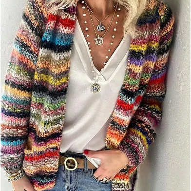 Women's Cardigan Sweater Jumper Crochet Knit Knitted Rainbow Open Front Stylish Casual Outdoor Daily Winter Fall cardigan