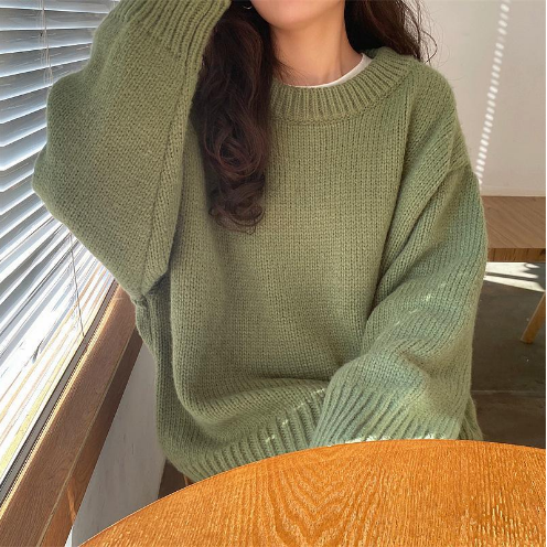 Free shipping Green Fall/Winter 2022 new crewneck pullover sweater, women's solid color languid loose knit sweater