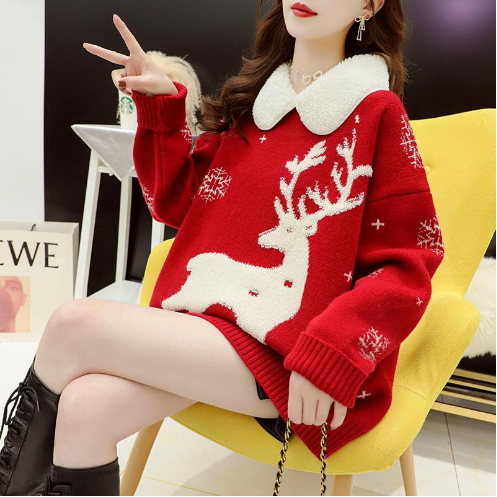 Free shipping Red Christmas sweater / women's loose and lazy thick sweater / Japanese vintage sweater / new sweater for autumn and winter 2022