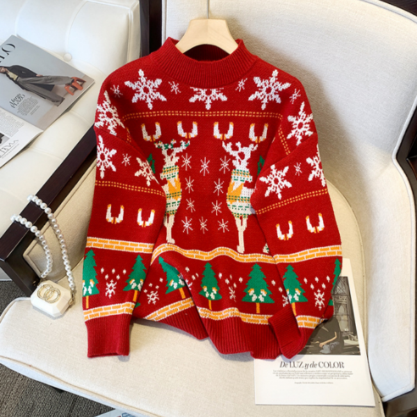 Autumn and winter thickened Christmas Elk New Year red sweater loose knit sweater
