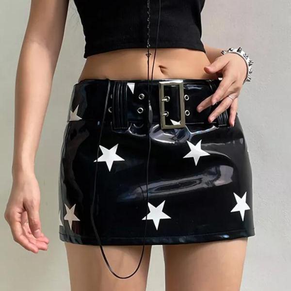 Black PU Glossy Star Print Mini Skirt
