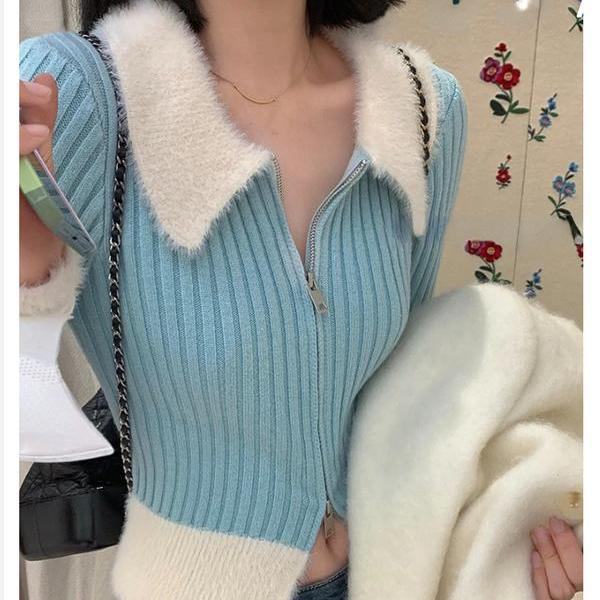 Faux Fur Knitted Sweater Women Design Slim Elegant Zipper Pullover cardigan