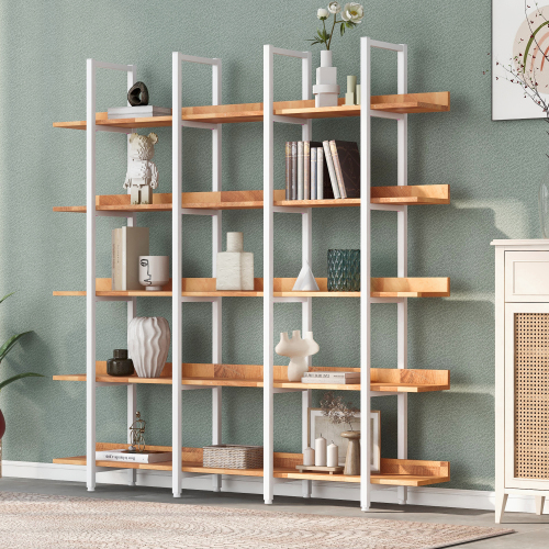 Brown MDF Board and white color Metal Frame 5 Tier Bookcase Home Office Open Bookshelf, Vintage Industrial Style Shelf