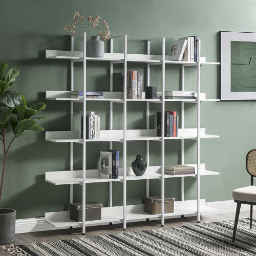 White color MDF Board 5 Tier Bookcase Home Office Open Bookshelf, Vintage Industrial Style Shelf with Metal Frame